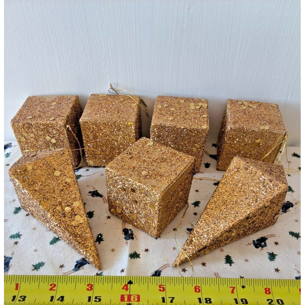 Set of 7 VTG 1950 Japan MCM Paper Paper Mache Gold Mica Glitter Kitsch Ornaments
